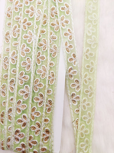 Wholesale Green Net Lace Floral Embroidery & Glitter Gold Sequins, Indian Wedding Border, Gifting Ribbon Costume Trim Fashion Trimming